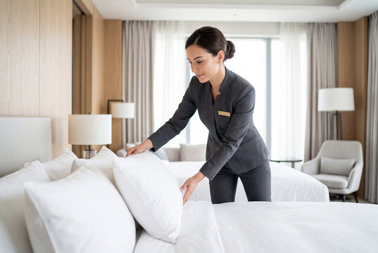 Professional hotel maid adjusting white pillows on bed in suite