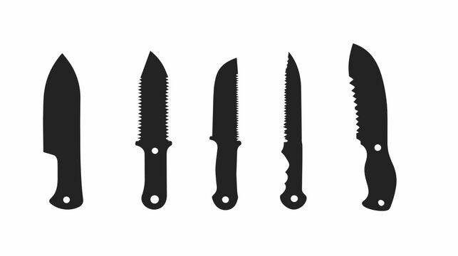 Black silhouettes of five different knives with varying blade styles on a plain white background