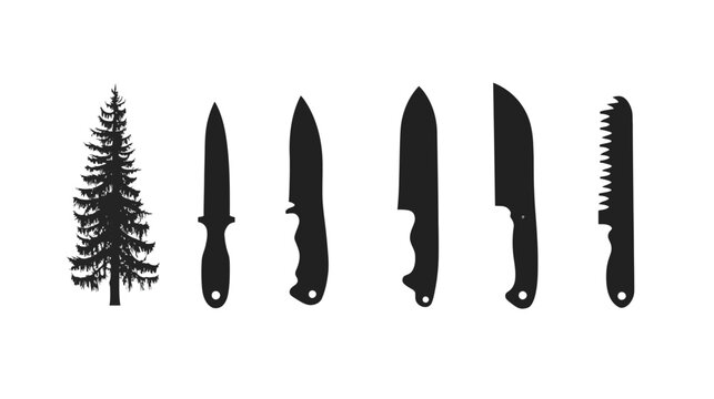 Black silhouettes of knives, a tree, and a white background. Outdoor and survival concepts