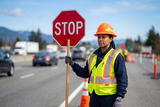 Female traffic controller holding stop sign on busy construction highway