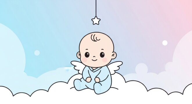 Cute baby angel sitting on clouds with star