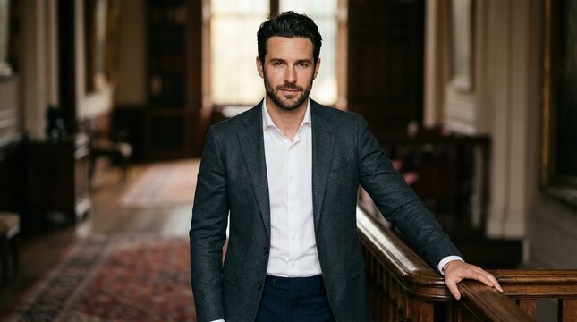 A confident and distinguished man in a dark suit jacket and white shirt stands gracefully in a classic, ornate hallway with a wooden banister.