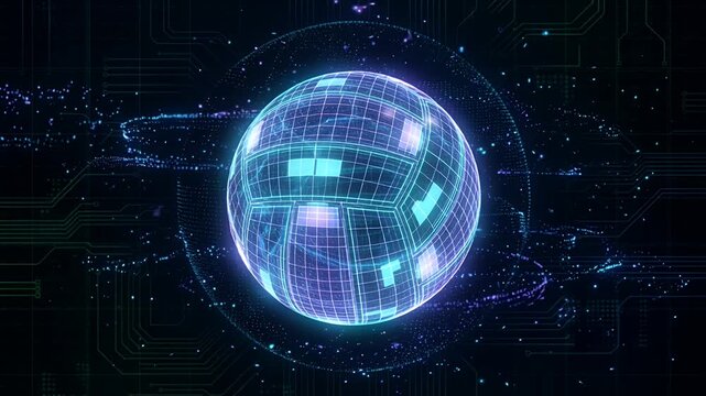 blue neon digital globe with circuitry and network grid, futuristic tech background