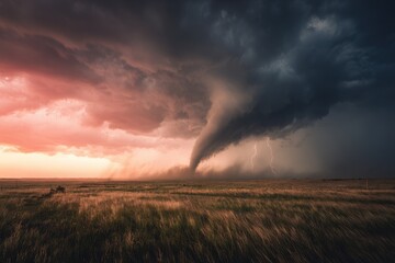 Naklejka premium Open prairie under a windy storm as a tornado forms at dusk