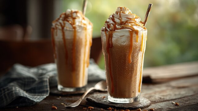 Sweet caramel frapp&Atilde;&copy; beverages captured in a natural light tabletop scene