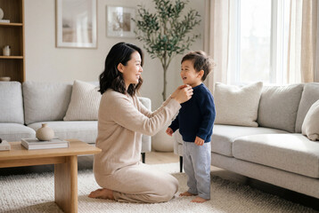 Fototapeta premium Loving asian mother carefully helping her young son put on his shirt in a bright living room