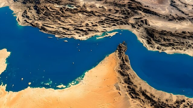 호르무즈해협 위에서 아래로 내려다본 뷰 a view from above the Strait of Hormuz
