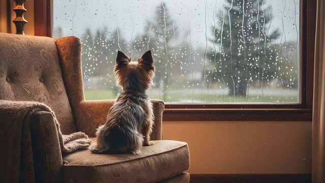 비 내리는 창밖 풍경을 가만히 응시하고 있는 작은 강아지의 뒷모습, Rear view of a small dog looking out of a window on a rainy day