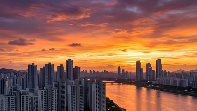 노을빛에 물든 대도시의 화려한 스카이라인과 강변의 파노라마 전경, Majestic city skyline and riverfront panorama during a fiery golden sunset