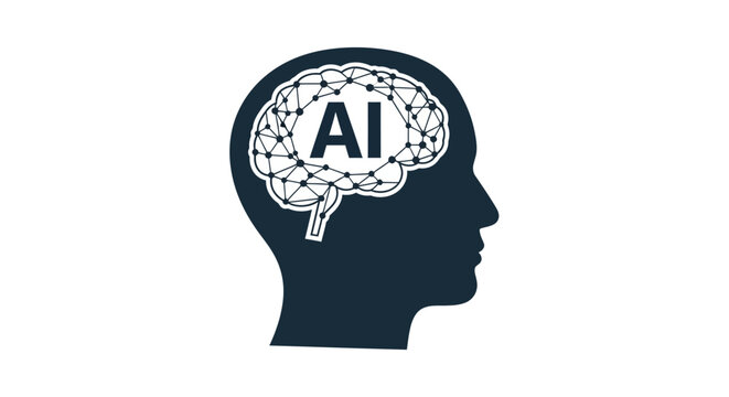 A dark blue silhouette of a human head contains a network of lines and nodes with the letters ai prominently displayed within high quality