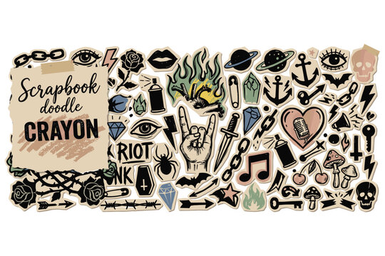 Vintage scrapbook doodle collection with rock punk icons and gothic sticker style elements.