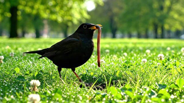 Blackbird hunting earthworm in vibrant green meadow on a sunny morning in natural parkland