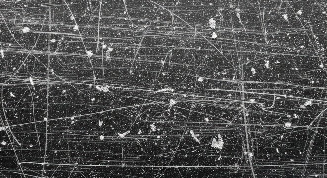 Close-up view of a heavily scratched and dusty dark surface, showing numerous abrasive marks and fine particles creating a grunge texture.