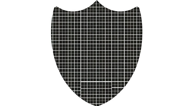Dark shield shape filled with a grid of abstract, dark, textured elements