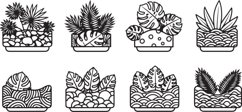 Set of eight intricately designed pineapple patterns in black and white Vector