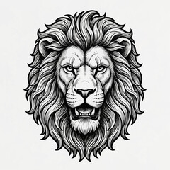Obraz premium Minimalist black and white lion head illustration with detailed mane and fierce expression isolated on white