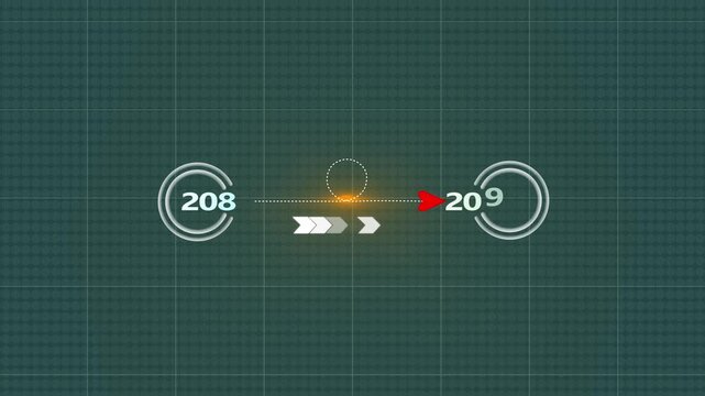 digital timeline 208 to 209 transition animation, modern technology interface concept, data flow arrows, circular progress icons, year change motion graphics,