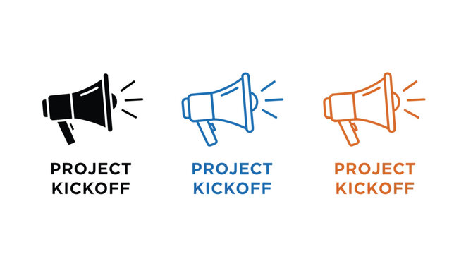 Three distinct vector graphic designs featuring megaphones, ideal for project kickoff announcements and communication.