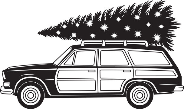 Station wagon car carrying Christmas tree roof rack winter holiday transport festive season.