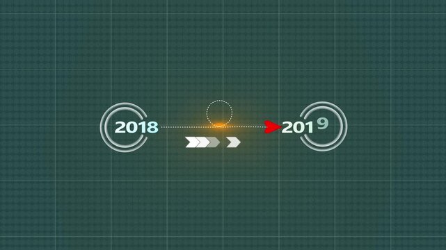 digital timeline 2018 to 2019 transition animation, modern technology interface concept, data flow arrows, circular progress icons, year change motion graphics,