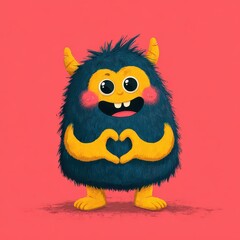 Fototapeta premium Cute Cartoon Monster with Big Smile Holding Heart on Pink Background