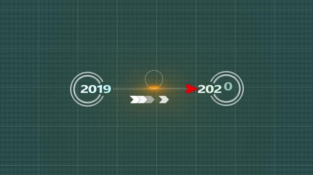digital timeline 2019 to 2020 transition animation, modern technology interface concept, data flow arrows, circular progress icons, year change motion graphics,