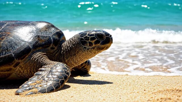 Sea turtle resting on a sandy beach basking in the warm sunlight with ocean waves in background on sunny day