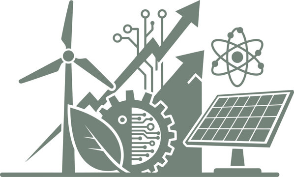Sustainable technology innovation concept featuring renewable energy and growth icons
