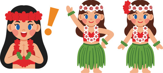 Cute Hawaiian Hula Girl Character Set with Traditional Flower Lei Skirt and Dance Poses Tropical Culture Cartoon Style Vector Illustration © MstRozinaAkter