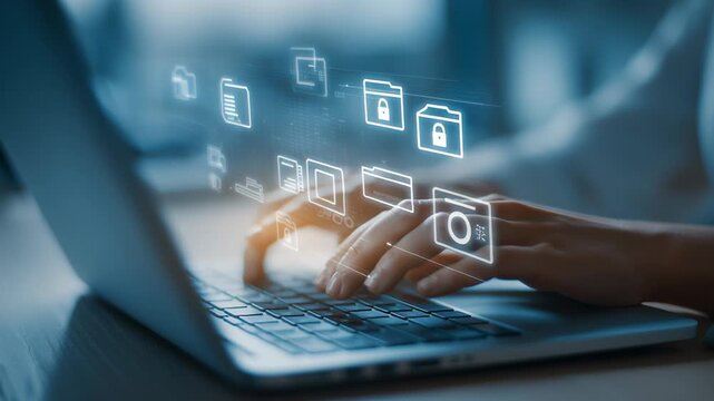 A close-up of a woman&rsquo;s hands typing on a laptop with a digital document management system interface overlay, screen showing file folders, search icons, document sharing symbols, and secure data 