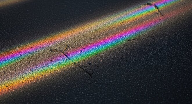 Two vibrant parallel rainbow light beams illuminating a dark, textured ground with subtle cracks, showcasing the dispersion of light into a spectrum of colors.