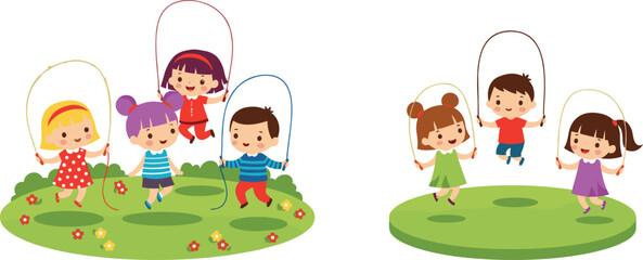 Obraz premium Cute Kids Jumping Rope Outdoor Activity Set Featuring Happy Children Playing Together on Grass Field Playground Cartoon Style Vector Illustration