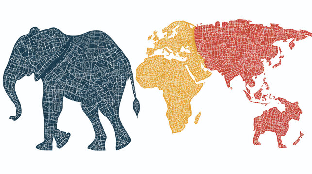 Silhouetted elephant beside a fragmented world map in complementary colors against a white background