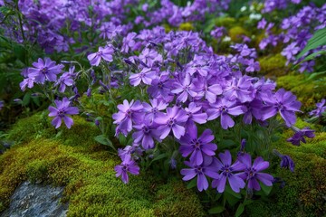 Obraz premium Vibrant purple Phlox flowers bloom beautifully over lush green moss. Perfect for nature themes, gardening blogs, or peaceful backgrounds.