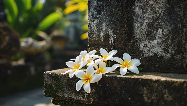 Close up of white frangipani flowers or bunga kamboja on weathered stone in a Balinese garden