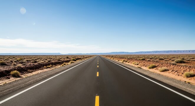 An endless desert highway stretching towards the horizon under a clear blue sky, inviting a sense of open road adventure.
