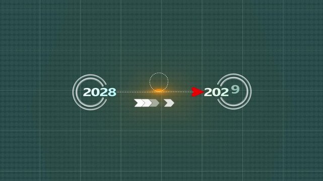 digital timeline 2028 to 2029 transition animation, modern technology interface concept, data flow arrows, circular progress icons, year change motion graphics,