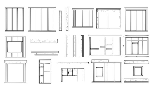 vector sketch of a house Wall Framing Outline Icon Vector Set with Construction Structure and Building Frame Symbols