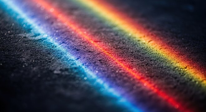 Vibrant parallel light trails glowing on a dark textured surface, showcasing a spectrum of colors from blue to red and orange.