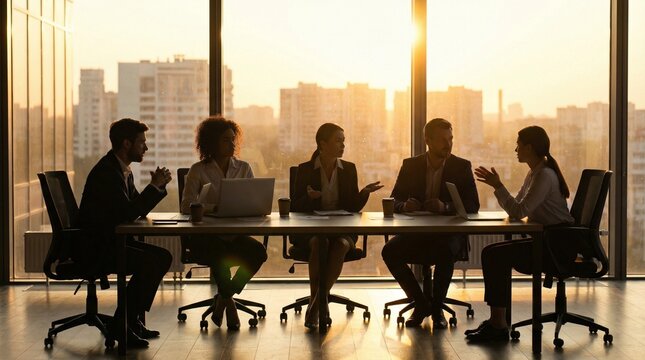 A group of business professionals engaged in a meeting during sunset in a modern office with a city view