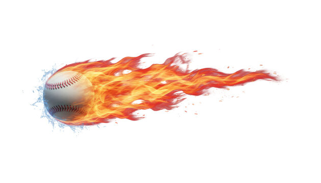 Flaming baseball flying through the air, fast sports ball with orange fire trail, dynamic burning baseball motion for competitive league graphics isolated PNG with Transparent Background