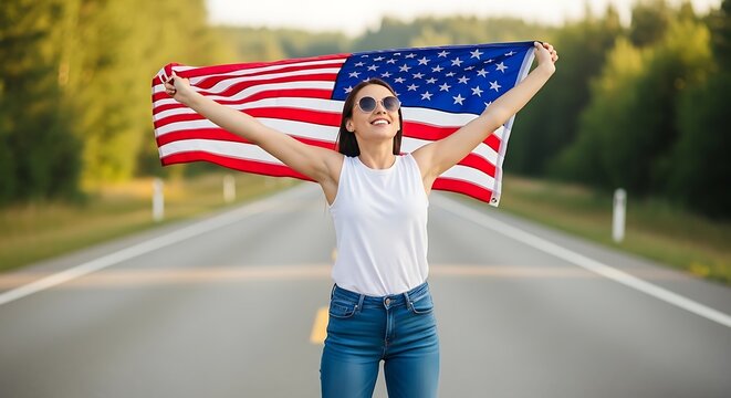 Celebrating happy 4th july woman joyfully waves american flag on road
