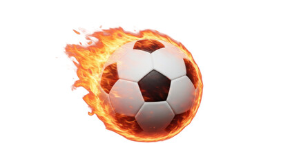 Fototapeta premium Flaming soccer ball flying through air, burning football with orange fire trail, fast moving sports equipment for competition and tournament graphics isolated PNG with Transparent Background