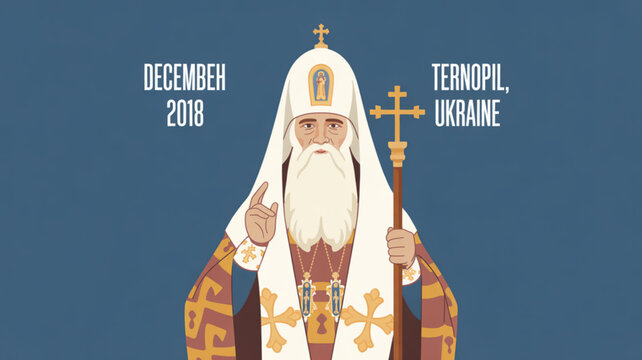 Orthodox priest with white beard and traditional robe holding cross ternopil ukraine december 2018