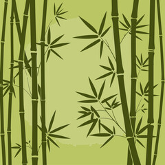 Fototapeta premium Abstract bamboo grove silhouette against a pale green background. Silhouetted, vertical bamboo stalks with dense foliage and branches.