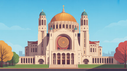 Fototapeta premium Large beige cathedral with golden dome and two towers on green lawn under blue sky