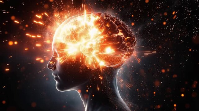 Conceptual illustration of a human head with a glowing brain exploding with sparks and energy representing ideas 4k video