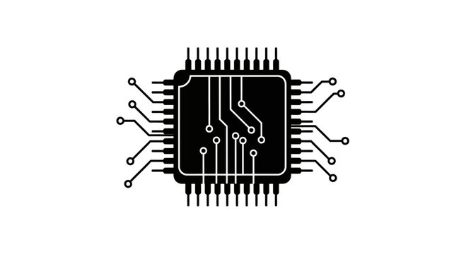 Black microchip icon on white background, featuring pins and circuits