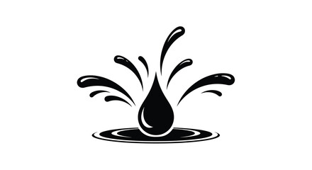 A striking black silhouette depicts a water droplet impacting a surface creating a dynamic splash effect with curving lines high quality professional detailed modern © rsvect02