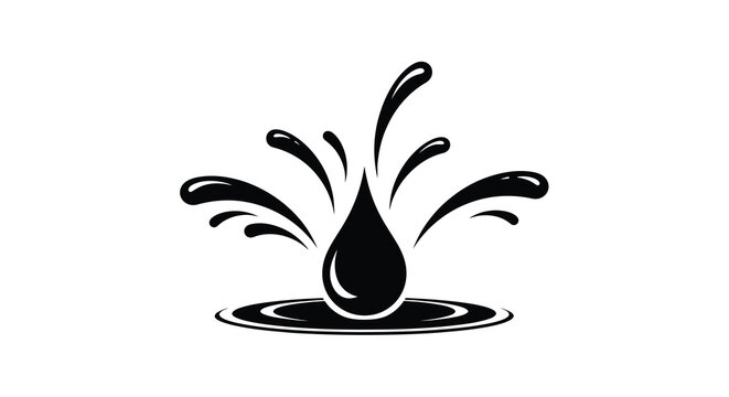 A striking black silhouette depicts a water droplet impacting a surface creating a dynamic splash effect with curving lines high quality professional detailed modern